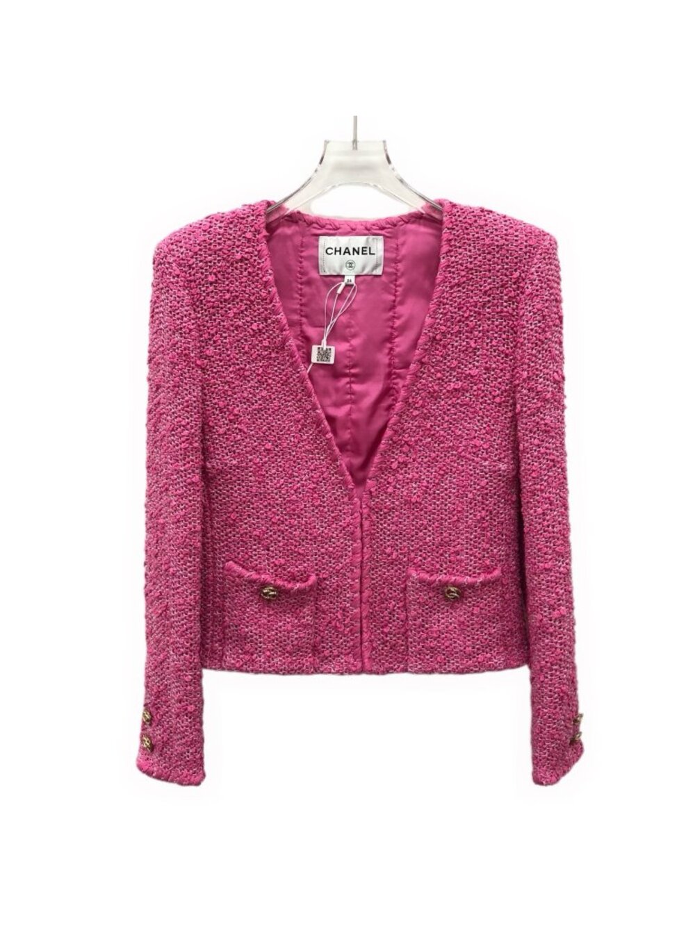 Chanel Rose Pink Cotton Tweed V-Neck Jacket